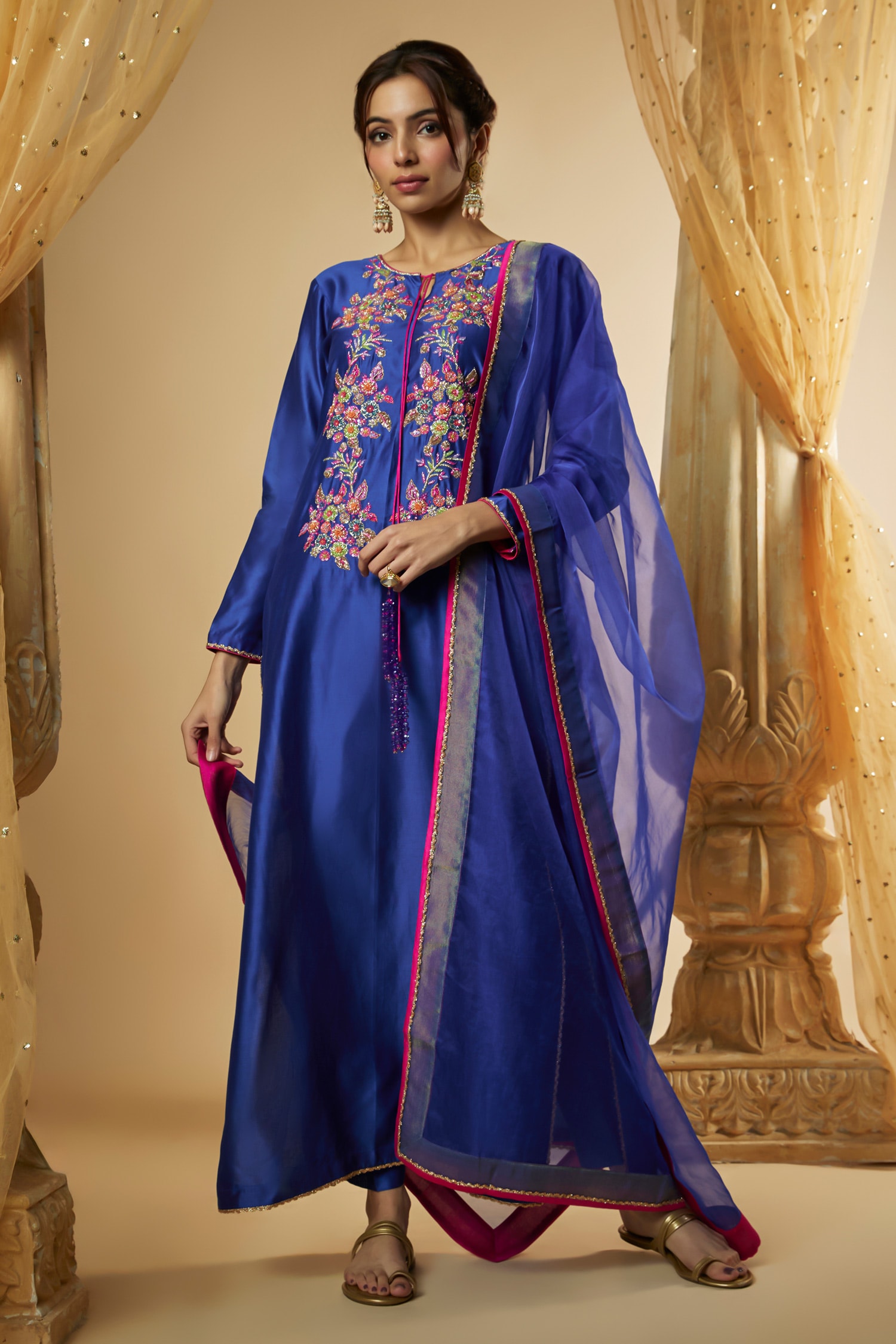 Buy Blue Pure Chanderi Silk Embroidered Pitta Flower Hand Kurta Pant ...