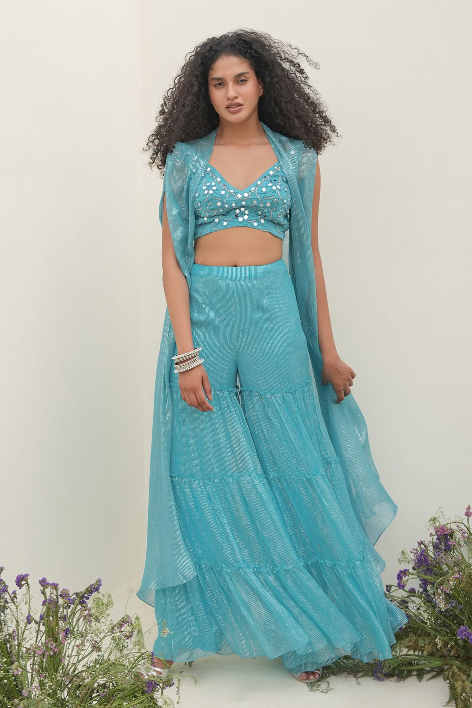 Buy Blue Blouse Shell- Silk Hand Embroidery Shimmer Cape Sharara Set ...