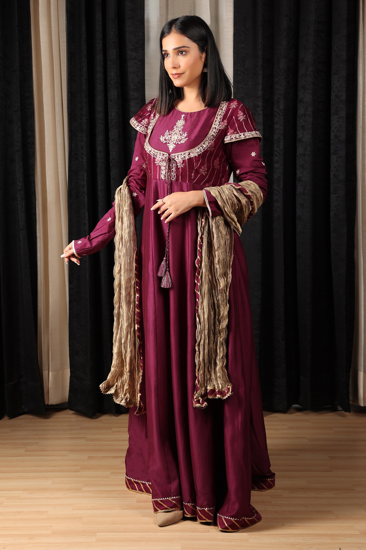 Buy Maroon Anarkali Silk Chanderi Embroidered Thread Yoke With Dupatta ...