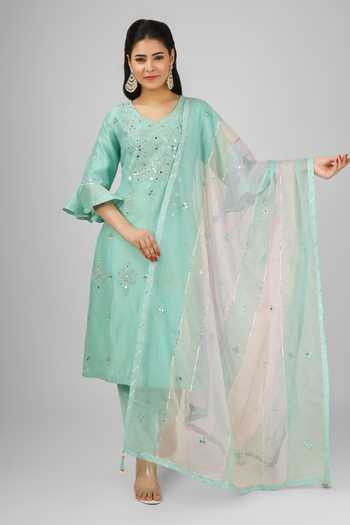 Women Mint Green Chanderi Silk Embroidered Kurti With Pant And Duppata Set