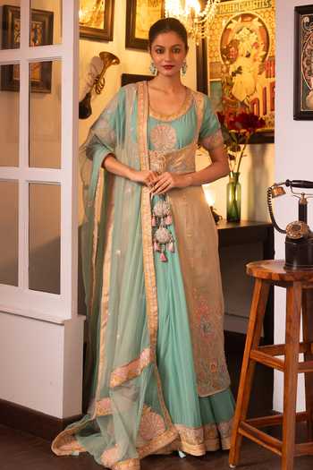 Floral Embroidered Zari Georgette Anarkali Kurta With Palazzos & Dupatta