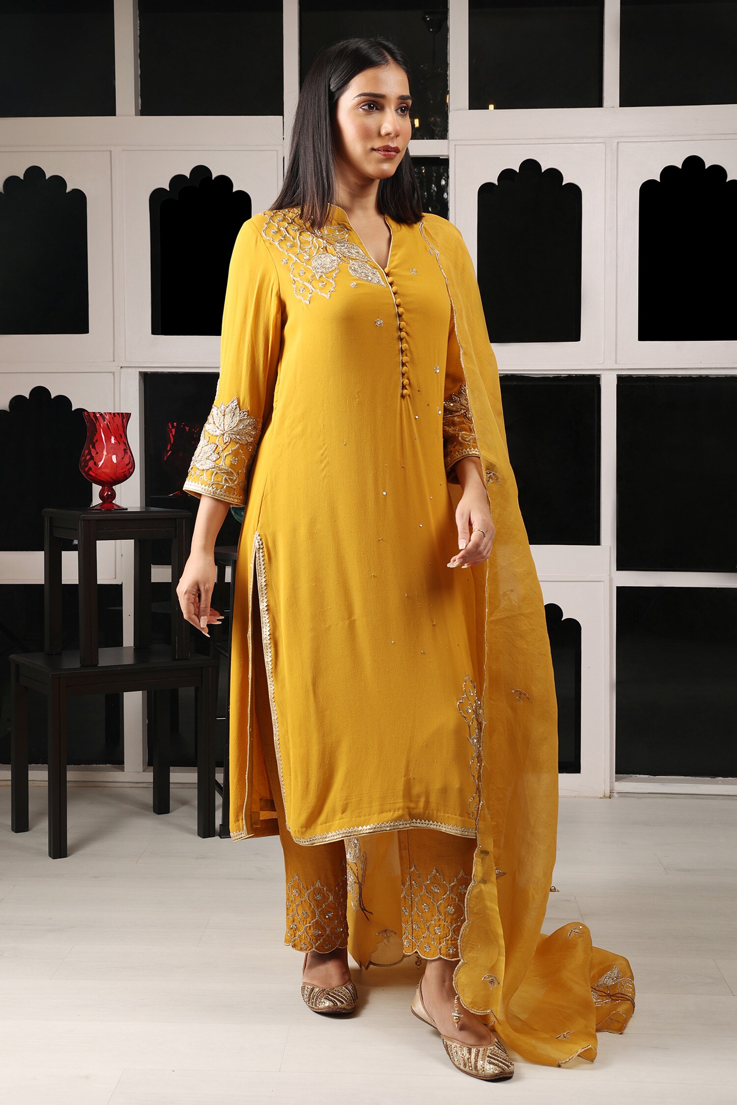 Buy Yellow Kurta Silk Georgette Embroidered Zari And Zardosi Work Pant ...