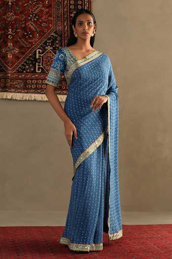 Blue Printed Silk Blend Sarees With Unstitched Blouse Piece main image 0