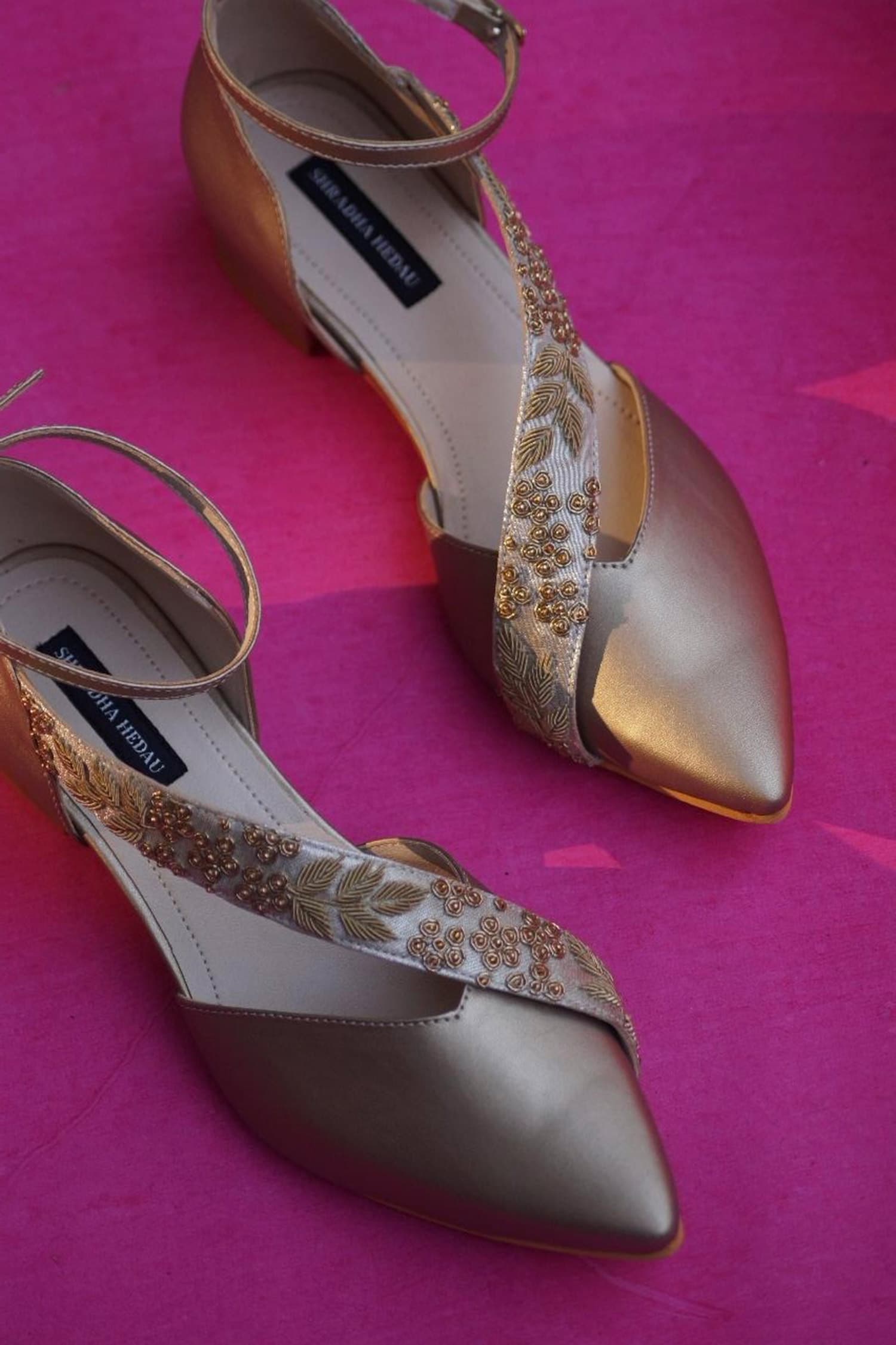 Buy Gold Embroidered Macey Court Heels by Shradha Hedau Footwear ...