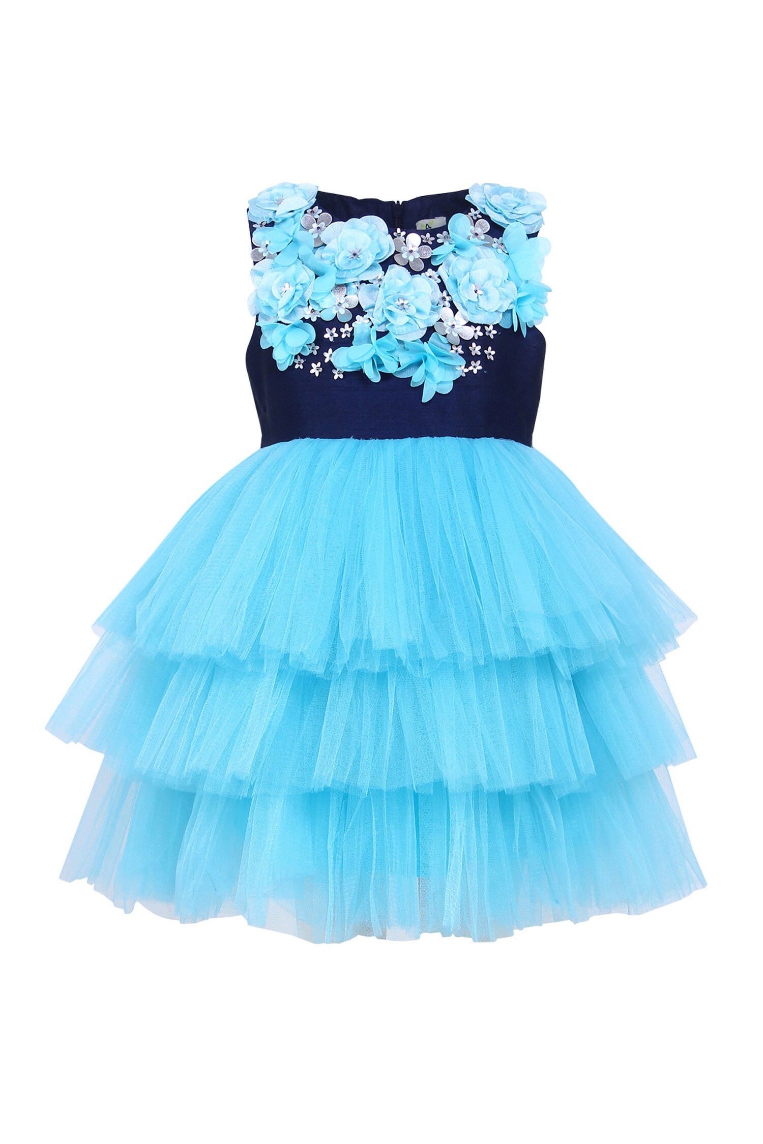 Buy Blue Tafetta Embroidered 3d Flower Floral Dress For Girls by A ...