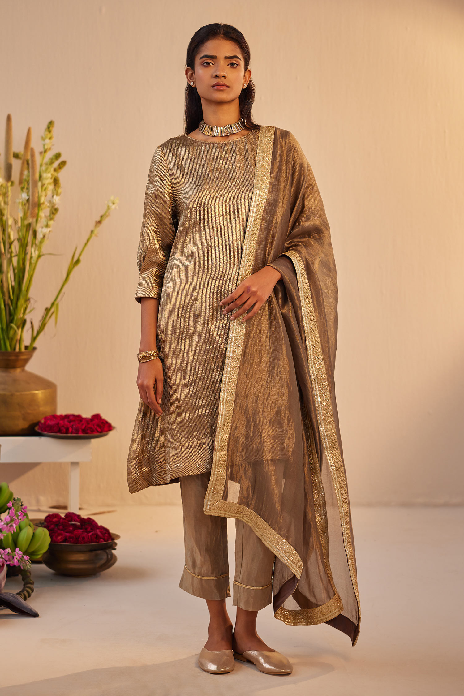 Buy Grey Ribbed Brocade And Tissue Hand Metallic Kurta Pant Set For