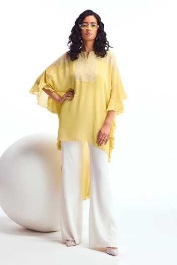 Corn Yellow Crystal Georgette Kaftan Tunic with Palazzo