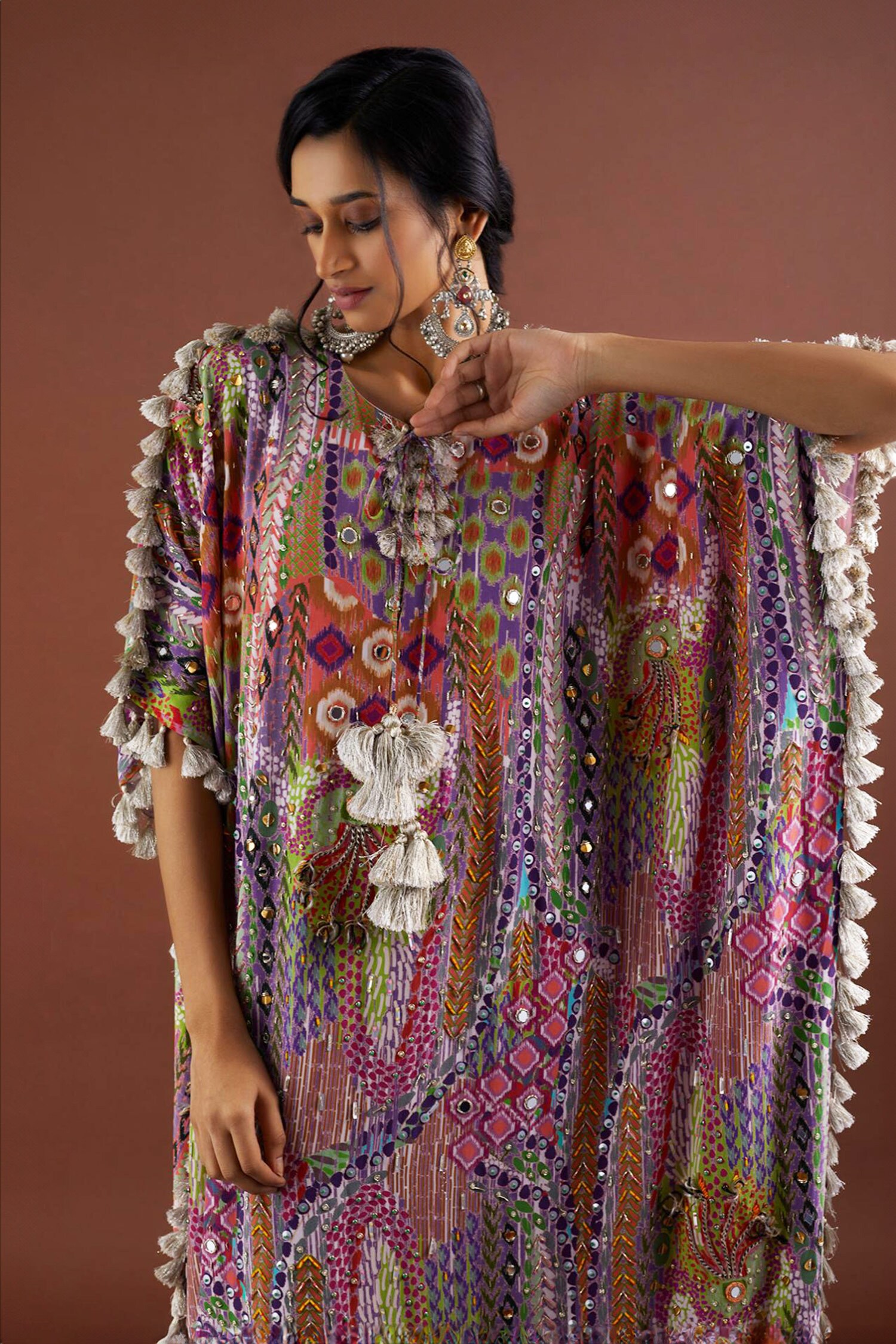 Payal Singhal - Multi Color Crepe Printed Tassel Round African And  Embroidered Kaftan For Women