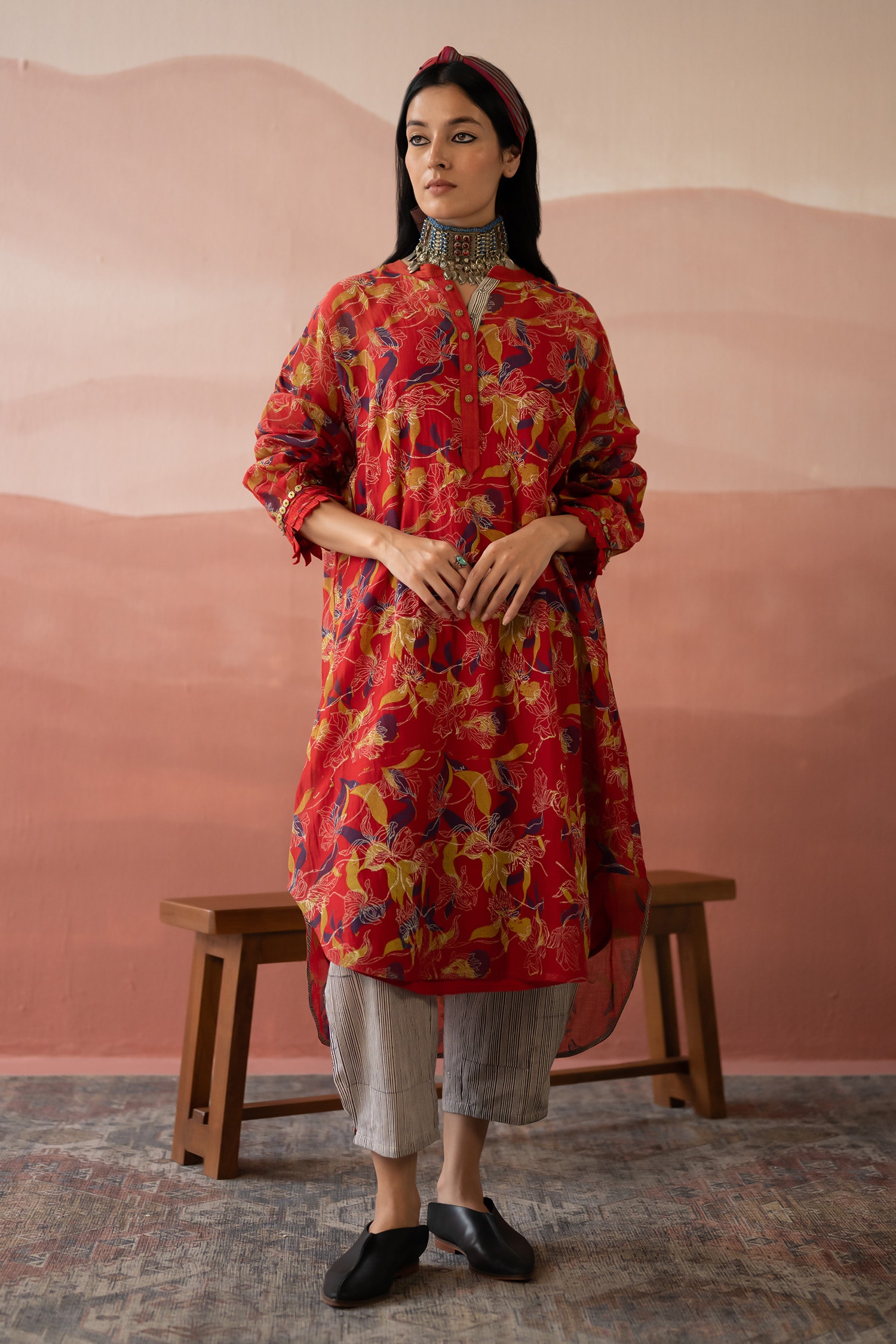 Buy Red Woven 40gm Chanderi Block Dilek Kurta With Slip For Women by Swatti Kapoor Online at Aza