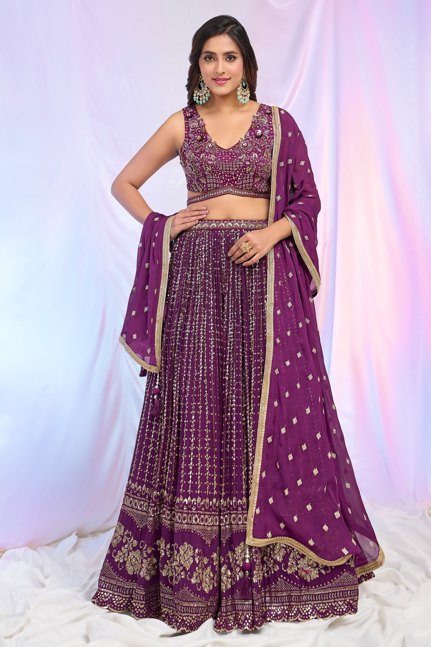 Buy Wine Blouse And Dupatta Net Hand Embroidered Sequins V Neck Lehenga ...