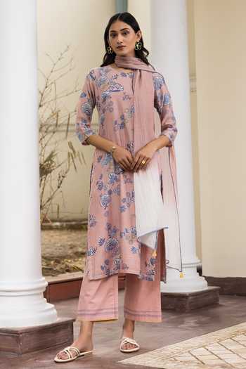 Lavender Muslin A-Line Kurta Pant Set for Women with Pleated Front and Embroidered Sleeve Detail