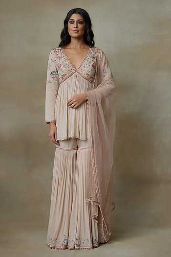 Babyhug Woven Three Fourth Sleeves Kurta & Gharara Set with Dupatta Sequin & Leaf Embroidery - White