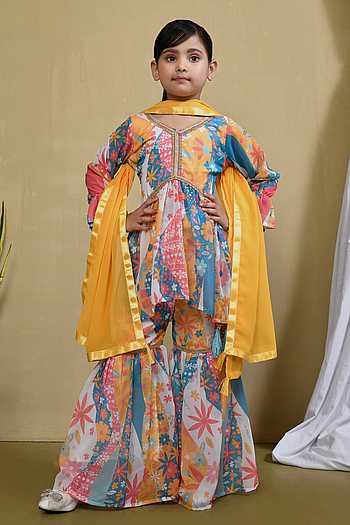 Girls’ Yellow & Cream Embroidered Kurti with Gharara Set