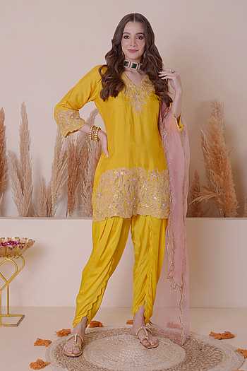 Gold Rayon Floral Print High-Low C-Cut Kurta with Dhoti Pant Set