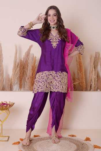 Babhug Woven Full Sleeves Bandhani Printed Dhoti Kurta Set with Floral Embroidery - Red & Orange main image 1