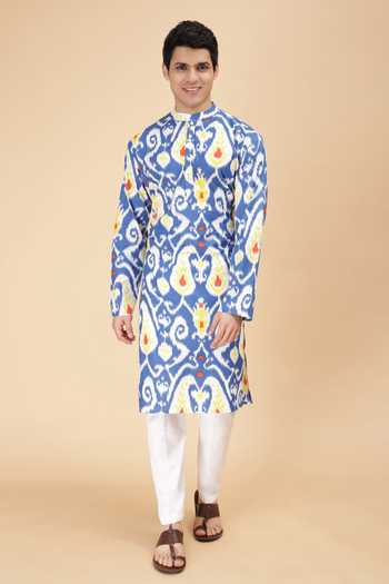 Men's Blue Cotton Blend Ikat Printed Knee Length Kurta (Design 128) main image 1