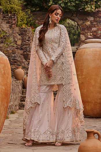 Mirror & Zircon Embellished Ombre Kurta Gharara Set with Embroidery