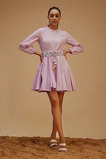 Solid Flared Short Dress With Embellished Belt