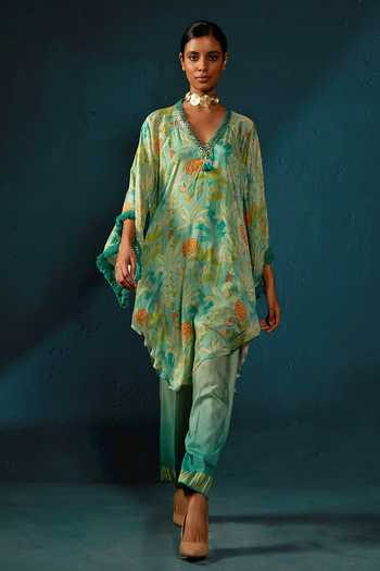 Buy Blue Chinon Chiffon Printed Shaded Asymmetric Kaftan Kurta And Pant ...