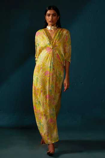 RFSS1421 - Chiffon kaftan in Yellow with heavy embroidery on Yoke main image 1