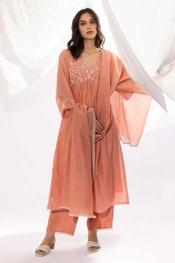 Peach - 2pc Mul Chanderi Semi Stitched Anarkali Heavy Chikankari Kurta Set 02