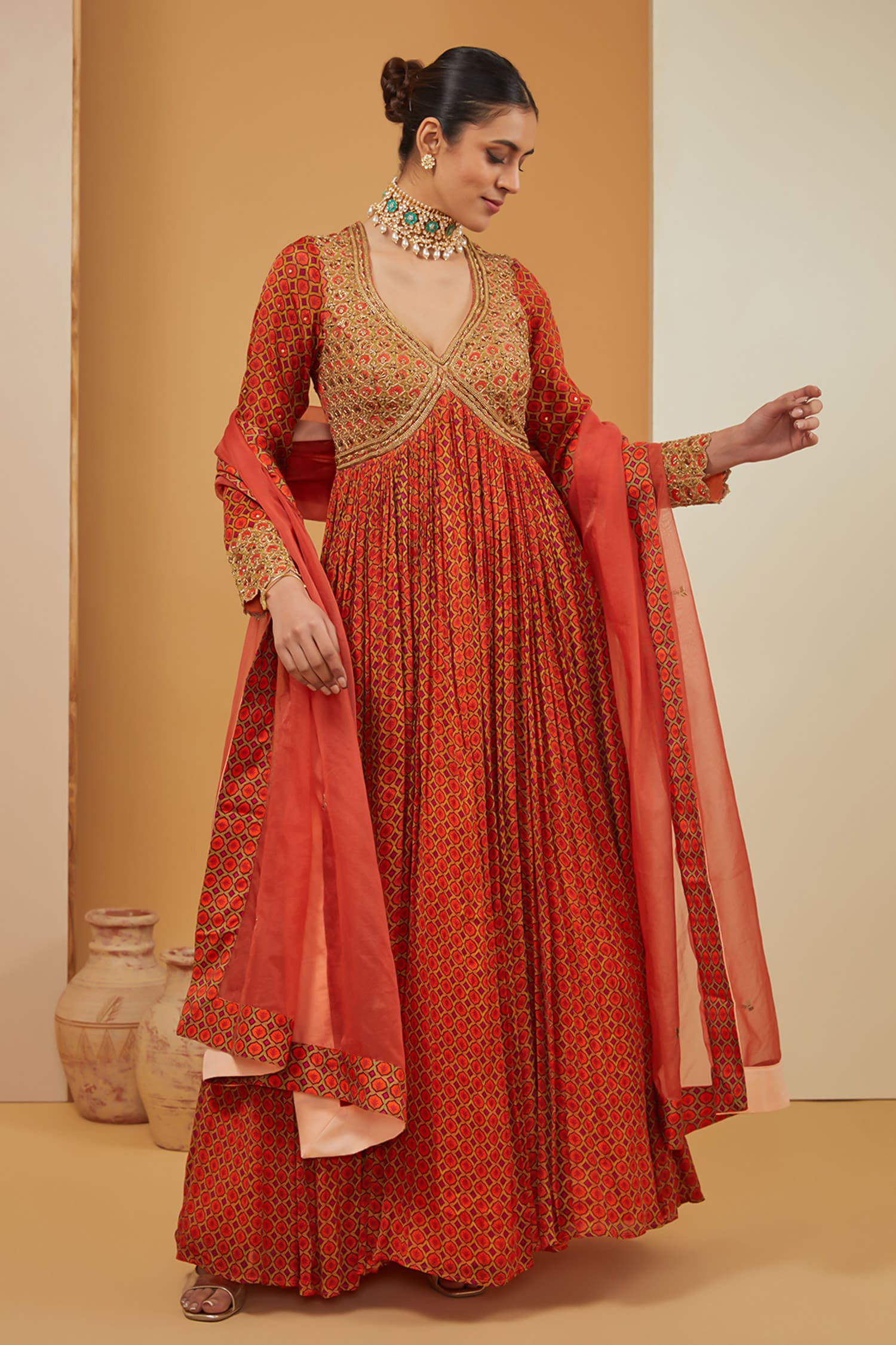 Buy Orange Viscose Chinon Print Geometric Jaal V Anarkali With Dupatta ...