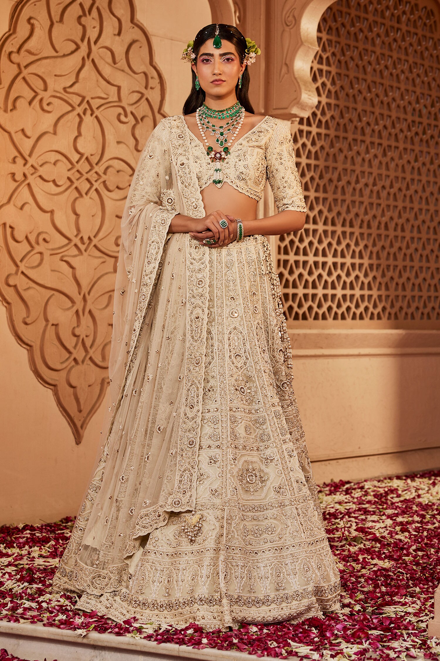 Buy Ivory Organza Tulle Embroidered Mughal Floral Bridal Lehenga Set