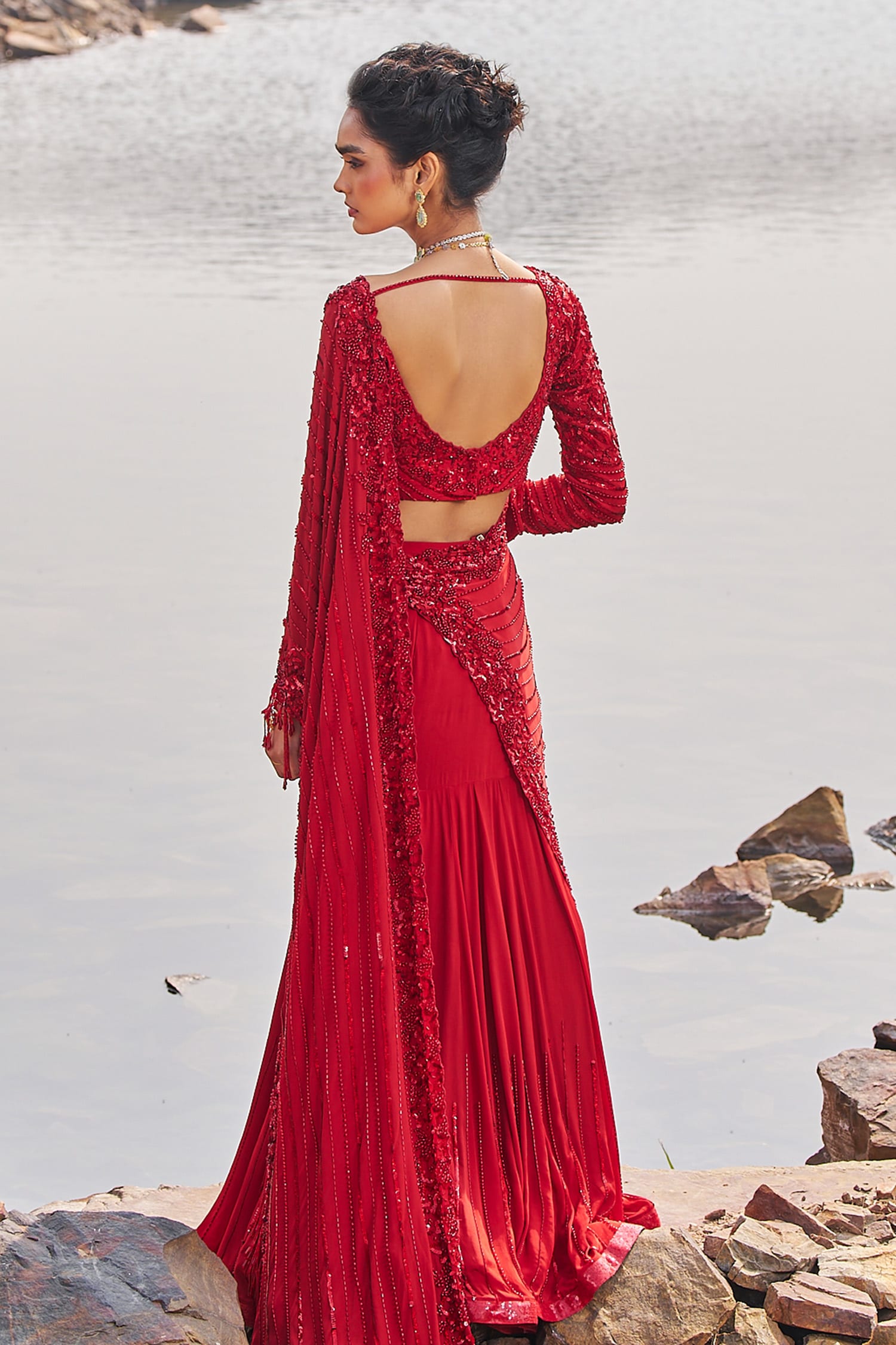 Niyaika - Red Saree with Bralette Blouse – Anuthi Fashion