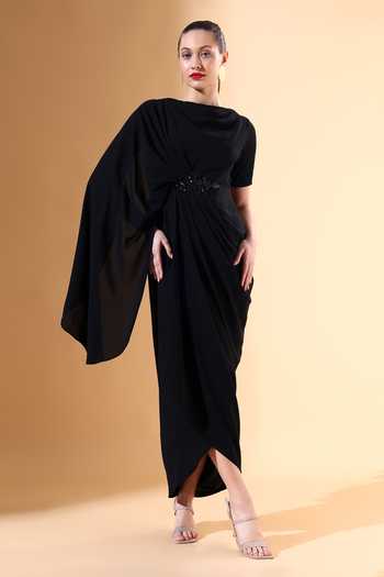 AAKAAR Mustard Pearl Moss Drape Dress