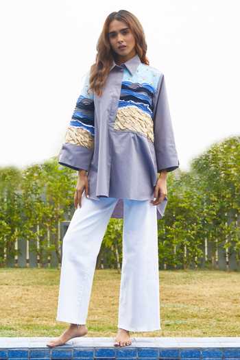 Buy Blue 100 Cotton Embroidered Petals Collar The Rory Beach Shirt For