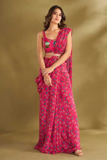 Emerald Green Pre Drape Saree With Floral Buttis And Embroidered Blouse - NOOR 2022