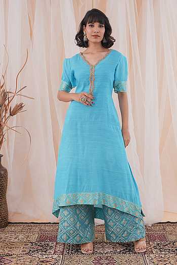 Blue Kurta Art Embroidered Banarasi Silk Aligadhi Pant main image 1