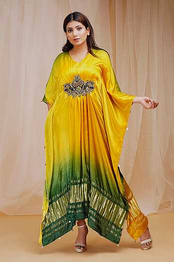 Yellow Soft Satin Silk Kaftan