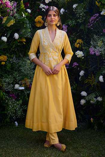 Buy Yellow Chanderi And Rayon Twill Patchwork Angrakha And Pant Set For ...