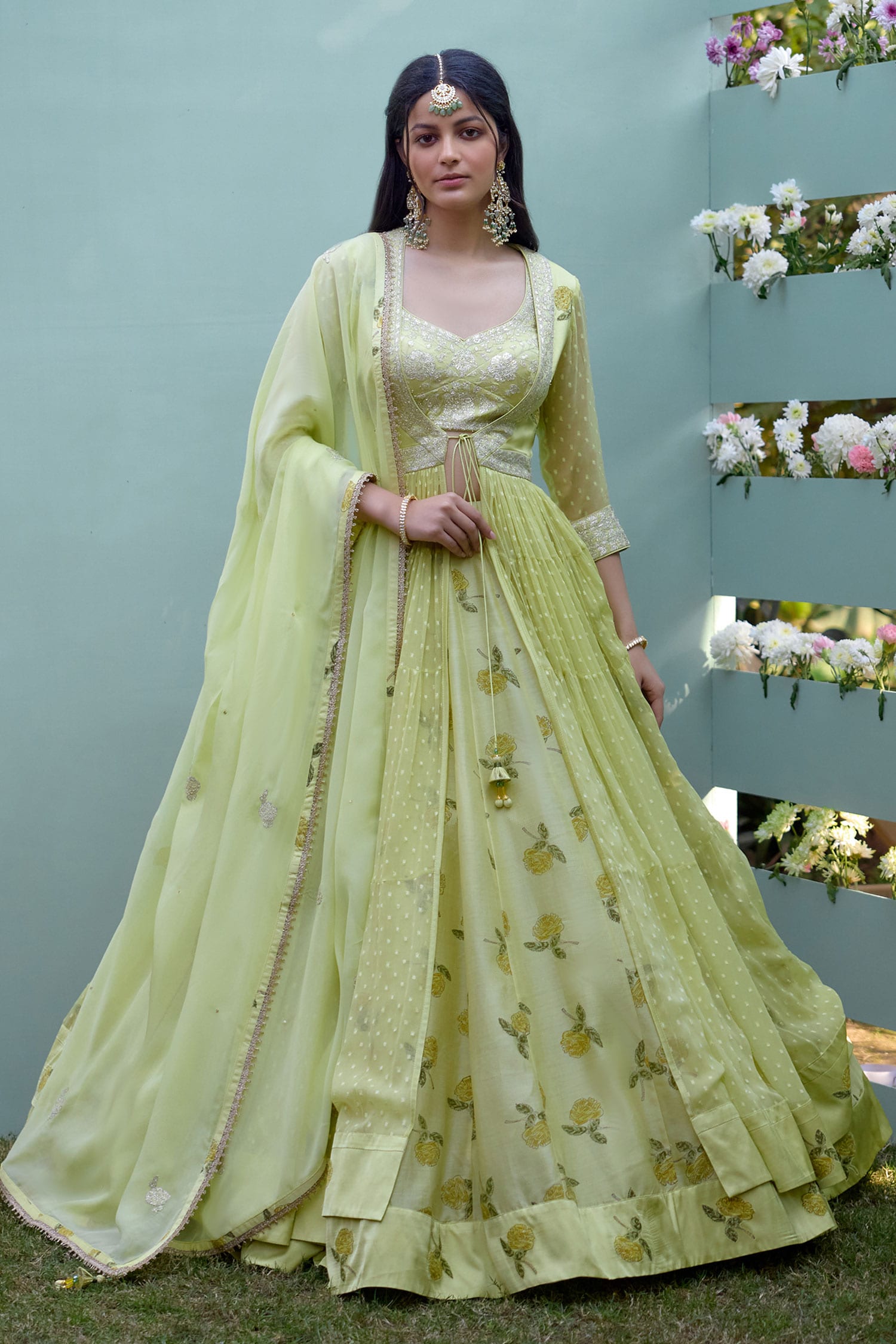 Buy Yellow Chanderi Patchwork Embroidered Floral Leaf Angrakha Lehenga ...