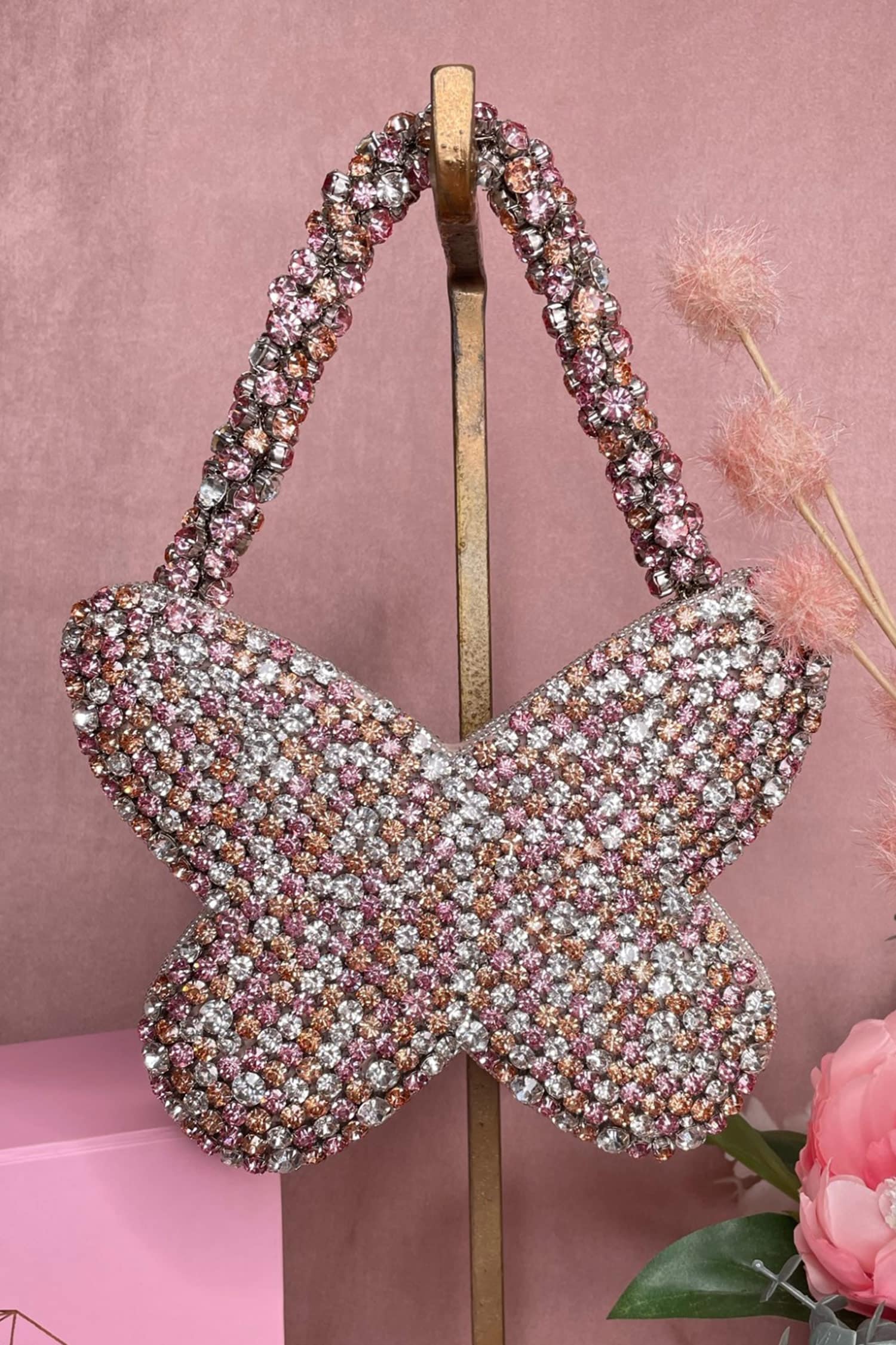 Buy Pink Rhinestone Butterfly Studded Mini Bag by Ozel Online at Aza ...
