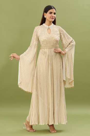 Designer Beige Jacquard Gown with Pearl Embroidery & Pink Bandhani Dupatta
