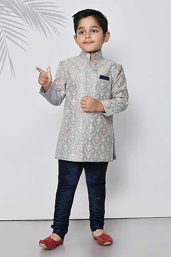 Buy Grey Sherwani Cotton Silk Embroidered Thread Floral With Churidar ...