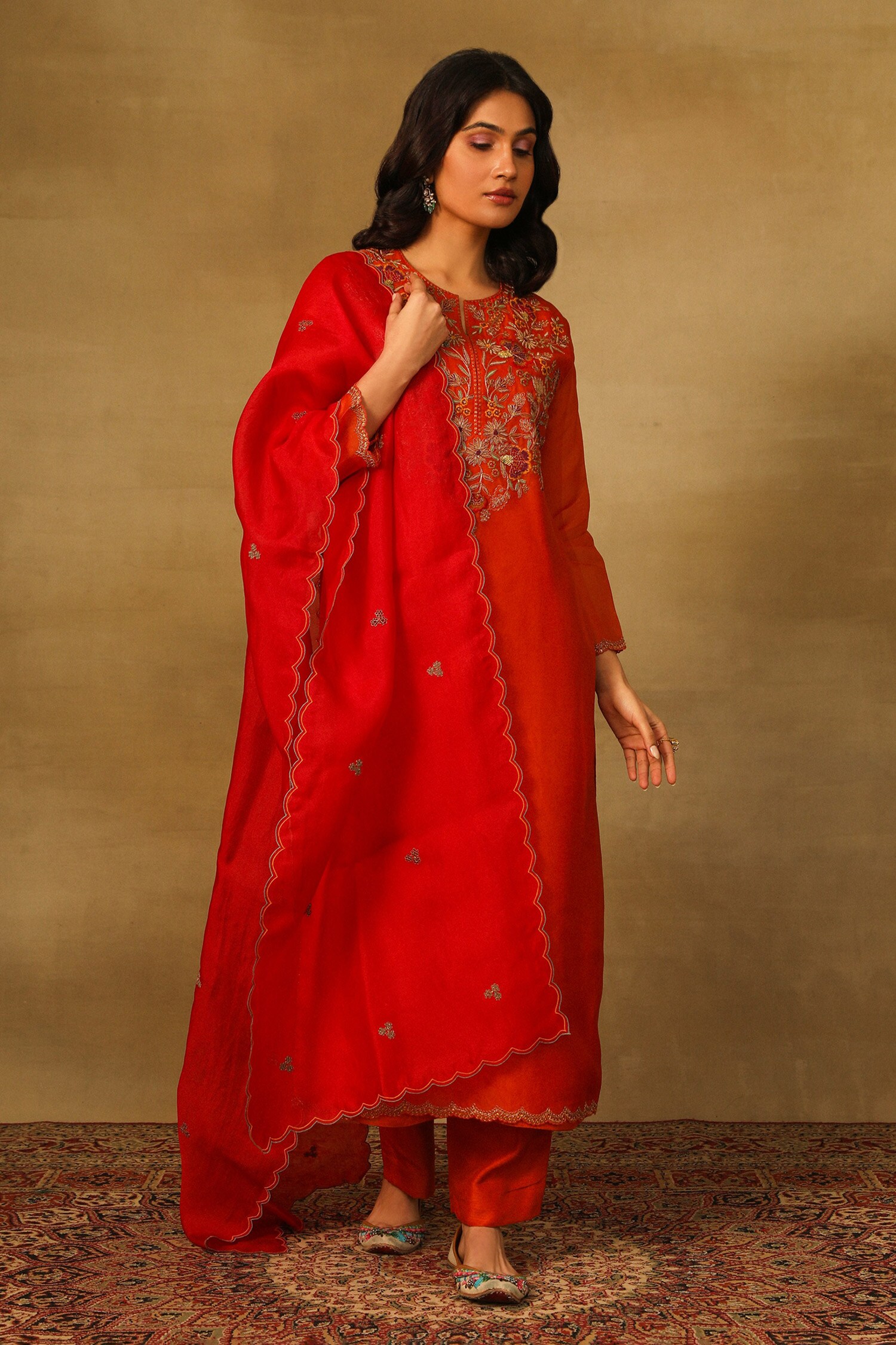 Buy Orange Kurta And Dupatta Organza Embroidery Dabka Round Flower ...