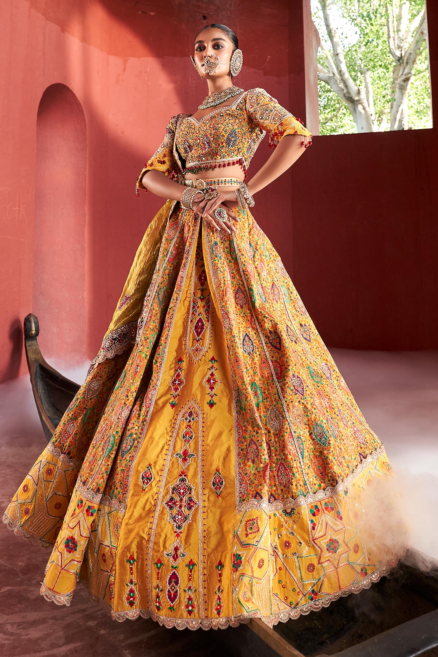 Buy Yellow Lehenga And Blouse Jamawar Silk Panelled Bridal Set For