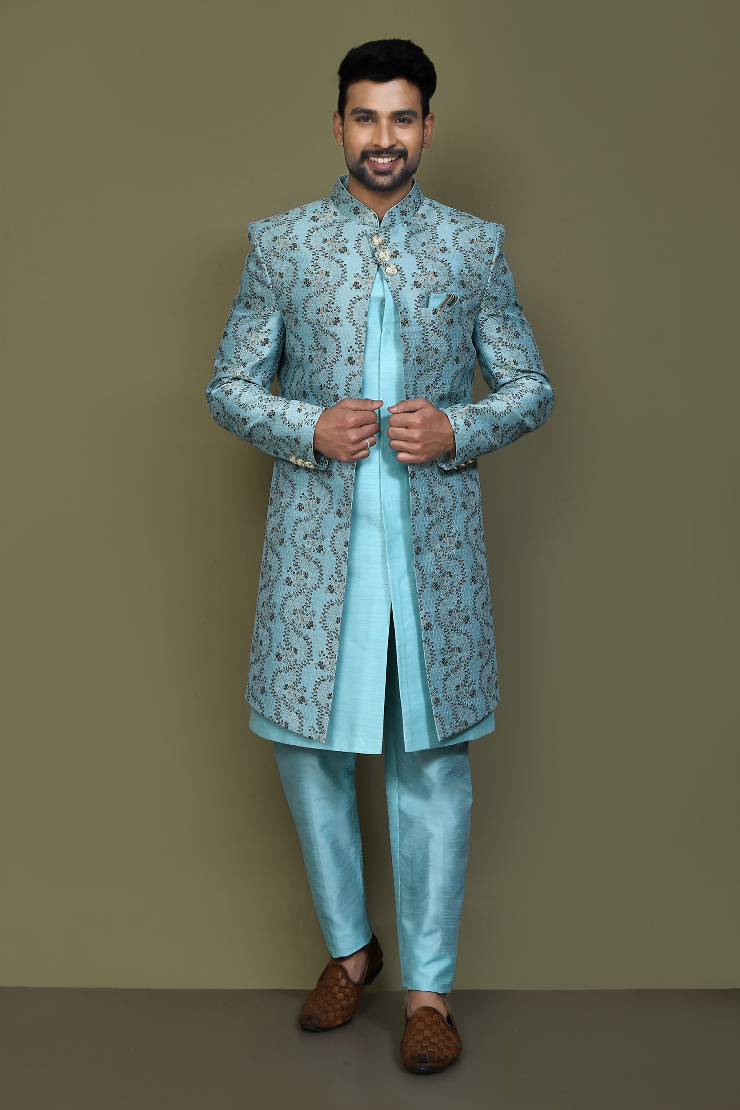 Vine Bloom Layered Sherwani With Aligadhi Pant 