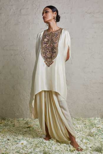 Women  Mustard- Multi Colored Pure Silke Gotta And Mirror Embroidered Kaftan With Dhoti Pants main image 1
