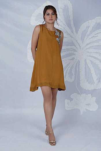 Chic Sepia Faux Suede Mini Dress with Frill Cuffs - Tent Style Fashion for Effortless Elegance