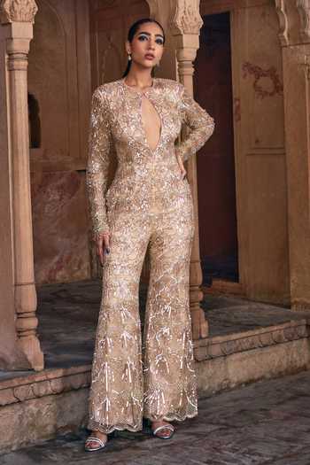 Round Neck Beaded Jumpsuit with Cutout Tangerine