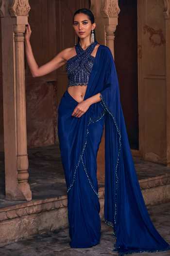 Electric Blue Embellished Pre-Draped Skirt Saree Set - Ready To Ship
