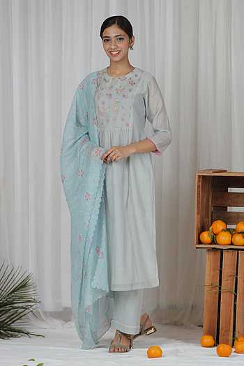 Mul Chanderi Kurta Set with Pintuck and Floral Embroidery, Shantoon Pant and Chanderi Dupatta
