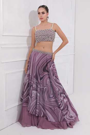 Boho Blue Marble Print Georgette Lehenga with Embroidered Bustier & Ruffled Dupatta Modern Festive Look