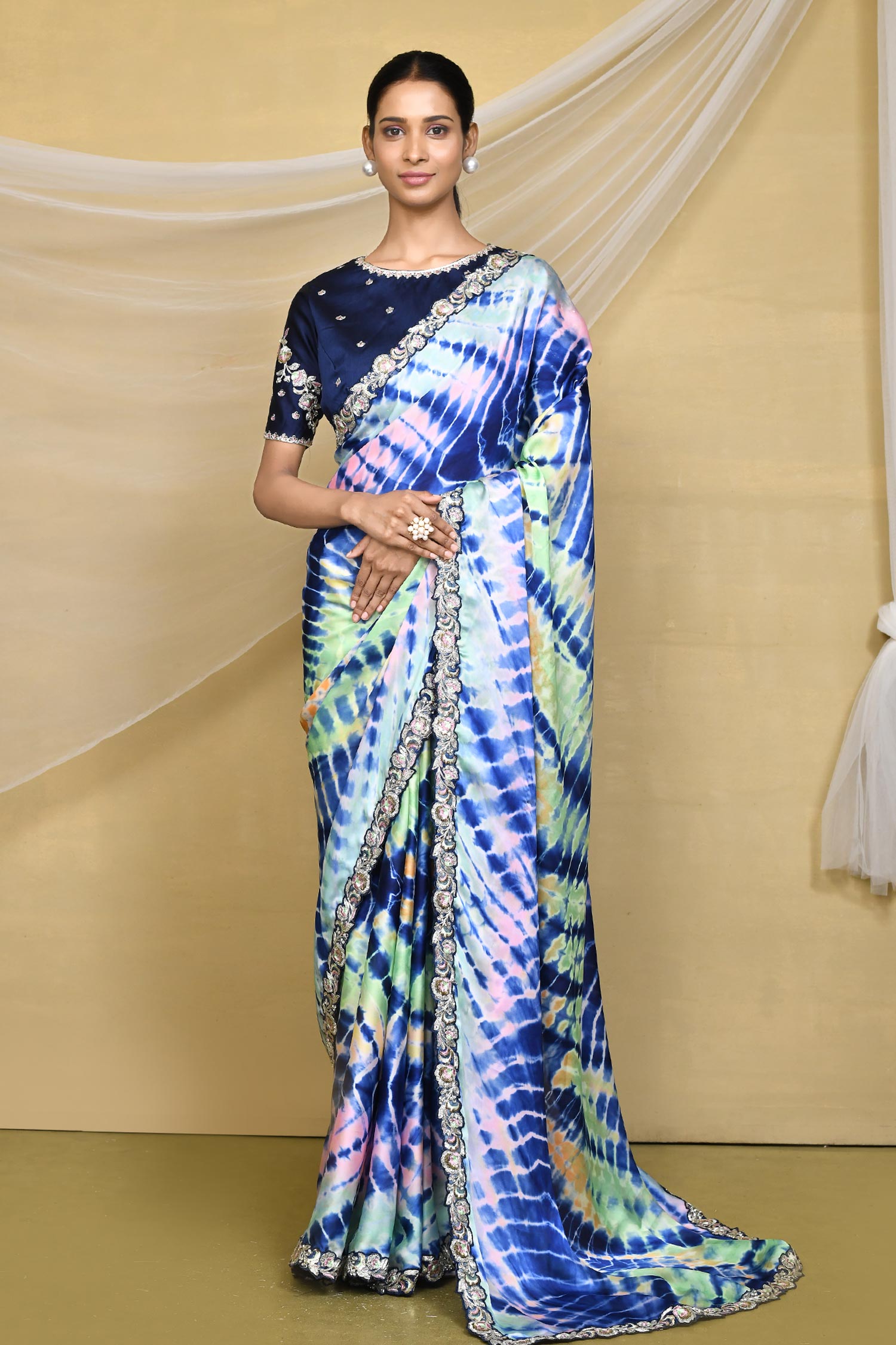 Buy Multi Color Saree Satin Silk Georgette Print Tie Dye Round Neck ...