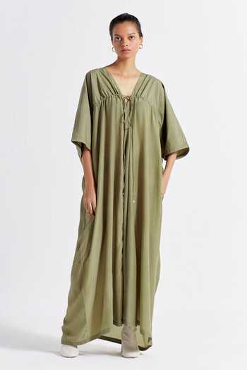 strapless open back dress Olive Green Tie-Dye Maternity Kaftan Dress – Cotton V-Neck Knee-Length –  Indiaista.com