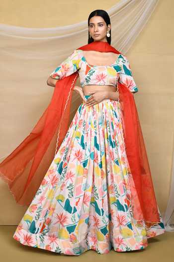 Floral Embroidered Lehenga Choli with Scallop Dupatta and Statement Neck Design
